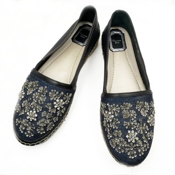 Dior Denim Flower Beaded Espadrilles Flats - Picture 1 of 4